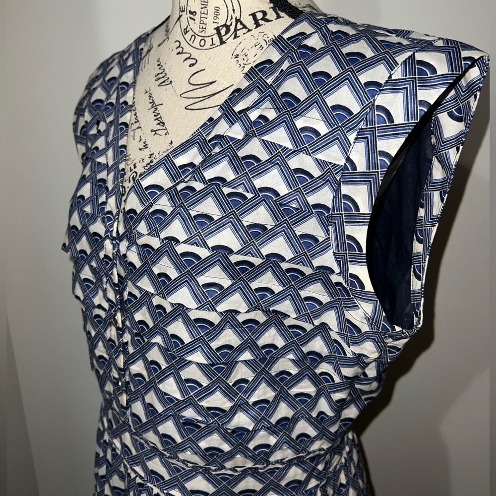 Tory Burch Blue White Geometric Print Sleeveless Pleated Dress Size 10 - Picture 5 of 13